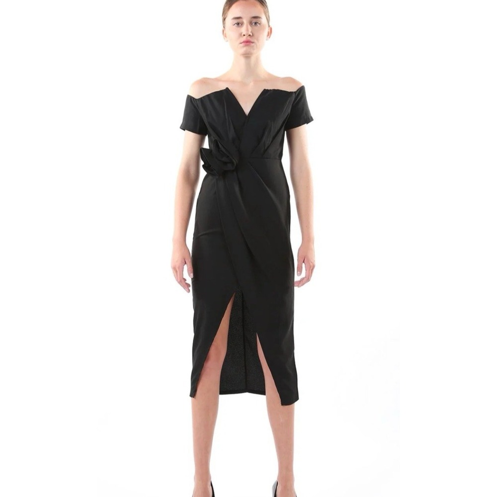 NWT BEULAH Women Faux Wrap Off The Shoulder Midi Dress Sz M Black Cocktail Party